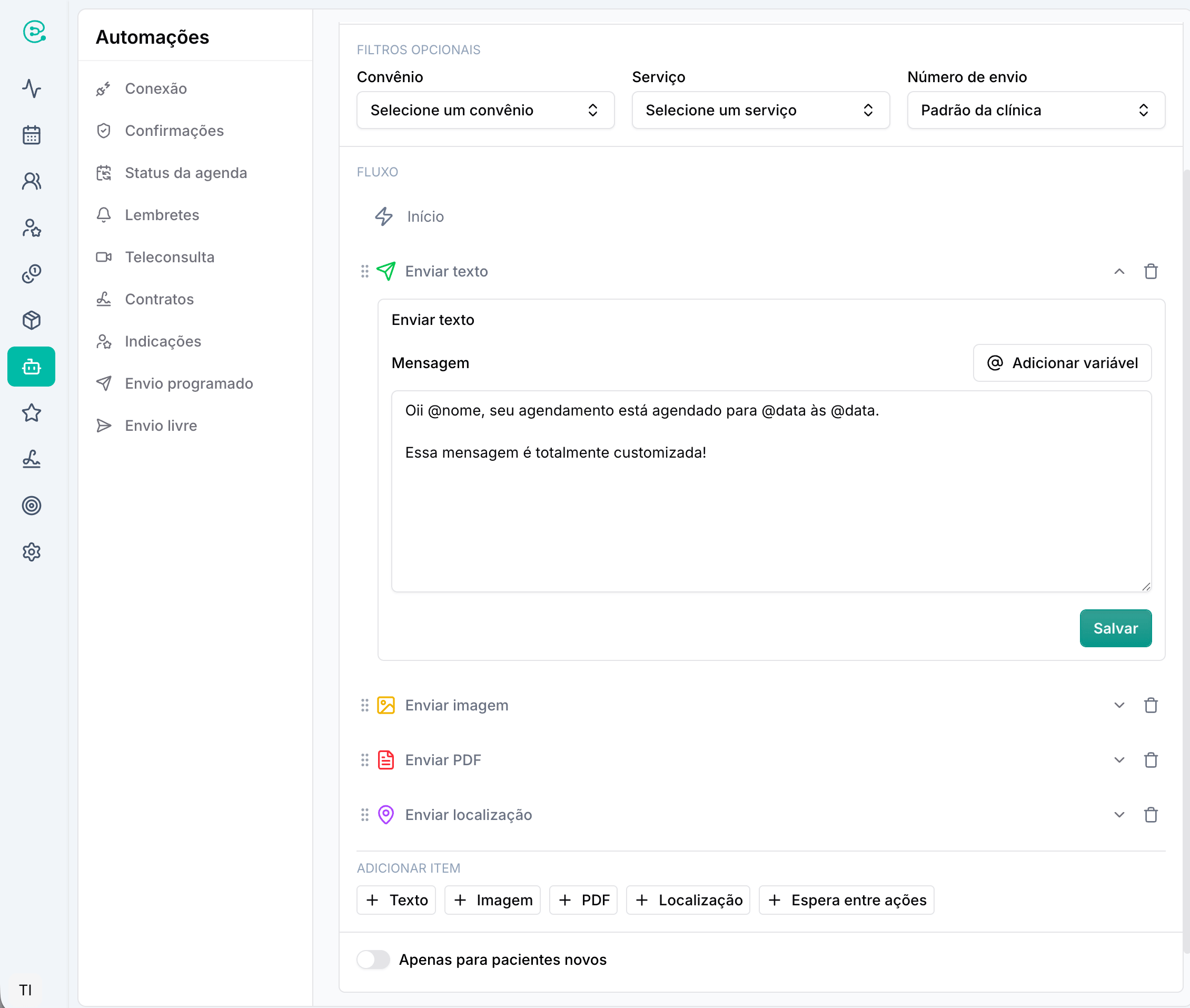 Fluxo de mensagens de confirmação e lembretes de consulta no WhatsApp integrado à clínica